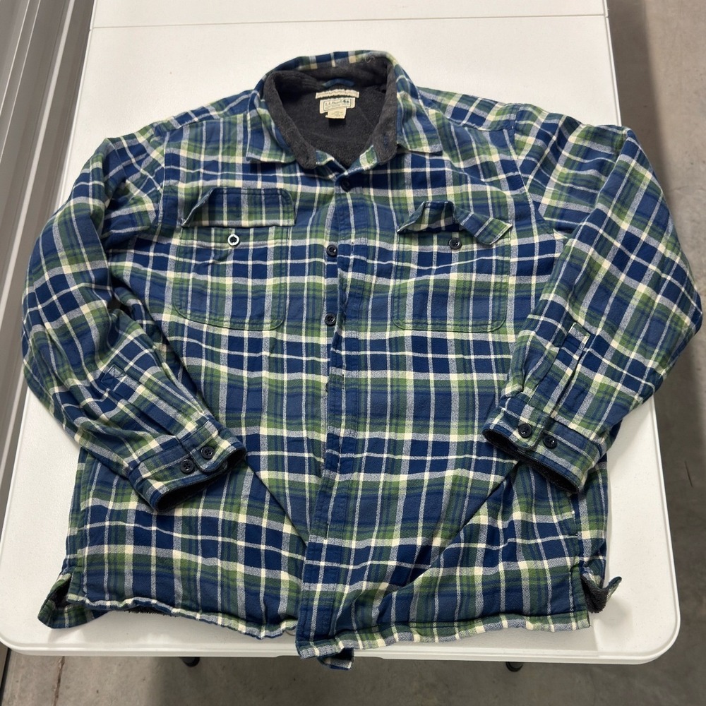 L.L. Bean Flannel Shirt Jacket Mens XL Blue Green Excellent Fleece Lined Plaid